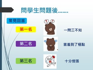 問學生問題後…….
常見回答
第一名 一問三不知
第二名 害羞到了極點
第三名 十分慌張
 