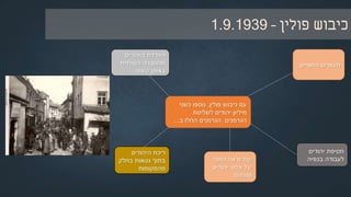 ‫השנייה‬ ‫העולם‬ ‫מלחמת‬ ‫פרוץ‬:‫ספטמבר‬1939
‫פולין‬ ‫כיבוש‬ ‫עם‬,‫כשני‬ ‫נוספו‬
‫לשליטת‬ ‫יהודים‬ ‫מיליון‬
‫הגרמנים‬.‫החלו‬ ‫הגרמנים‬‫ב‬:
‫המוניים‬ ‫מעצרים‬
‫בפולין‬ ‫יהודים‬ ‫של‬
‫יהודים‬ ‫חטיפת‬
‫לעבודה‬ ‫פולנים‬
‫בכפיה‬
‫של‬ ‫קיצונית‬ ‫הפרדת‬
‫מהחברה‬ ‫היהודים‬
‫הפולנית‬
‫ורשה‬ ‫גטו‬ ‫הקמת‬(‫ושם‬ ‫יד‬ ‫ארכיון‬)
 