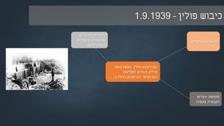 ‫השנייה‬ ‫העולם‬ ‫מלחמת‬ ‫פרוץ‬:1‫בספטמבר‬1939
‫פולין‬ ‫כיבוש‬ ‫עם‬,‫כשני‬ ‫נוספו‬
‫לשליטת‬ ‫יהודים‬ ‫מיליון‬
‫הגרמנים‬.‫החלו‬ ‫הגרמנים‬‫ב‬:
‫מעצרים‬‫המוניים‬
‫בפולין‬ ‫יהודים‬ ‫של‬
 