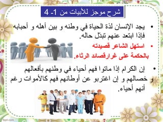 •‫أحبابه‬ ‫و‬ ‫أهله‬ ‫بين‬ ‫و‬ ‫وطنه‬ ‫في‬ ‫الحياة‬ ‫لذة‬ ‫السنسان‬ ‫يجد‬
.‫حاله‬ ‫د ل‬ّ‫ل‬‫تب‬ ‫عنهم‬ ‫ابتعد‬ ‫فإذا‬
•‫قصيدته‬ ‫الشاعر‬ ‫استهل‬
.‫الرثاء‬ ‫غرارقصائد‬ ‫على‬ ‫بالحكمة‬
‫من‬ ‫للبيات‬ ‫موجز‬ ‫شرح‬1‫ـ‬4 ‫من‬ ‫للبيات‬ ‫موجز‬ ‫شرح‬1‫ـ‬4
•‫بأفعالهم‬ ‫وطنهم‬ ‫في‬ ‫أحياء‬ ‫فهم‬ ‫ماتوا‬ ‫إذا‬ ‫الكرام‬ ‫إن‬
‫رغم‬ ‫كالموات‬ ‫فهم‬ ‫أوطاسنهم‬ ‫عن‬ ‫اغتربو‬ ‫إن‬ ‫و‬ ‫خصالهم‬ ‫و‬
.‫أحياء‬ ‫أسنهم‬
 