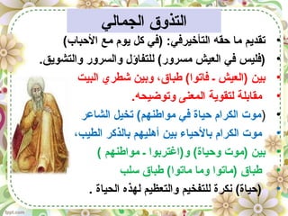 ‫الجمالي‬ ‫التذوق‬
•(‫البحباب‬ ‫مع‬ ‫يوم‬ ‫كل‬ ‫)في‬ :‫التأخيرفي‬ ‫بحقه‬ ‫ما‬ ‫تقديم‬
•.‫والتشويق‬ ‫والسرور‬ ‫للتفاؤل‬ (‫مسرور‬ ‫العيش‬ ‫في‬ ‫)فليس‬
•‫البيت‬ ‫شطري‬ ‫وبين‬ ،‫طباق‬ (‫فاتوا‬ ‫ـ‬ ‫)العيش‬ ‫بين‬
•.‫وتوضيحه‬ ‫المعنى‬ ‫لتقوية‬ ‫مقابلة‬
•)‫الشاعر‬ ‫تخيل‬ (‫مواطنهم‬ ‫في‬ ‫بحياة‬ ‫الكرام‬ ‫موت‬
•،‫الطيب‬ ‫بالذكر‬ ‫أهليهم‬ ‫بين‬ ‫بالبحياء‬ ‫الكرام‬ ‫موت‬
•( ‫مواطنهم‬ ‫ـ‬ ‫و)اغتربوا‬ (‫وبحياة‬ ‫)موت‬ ‫بين‬
•‫سلب‬ ‫طباق‬ (‫ماتوا‬ ‫وما‬ ‫)ماتوا‬ ‫طباق‬
•. ‫الحياة‬ ‫لهذه‬ ‫والتعظيم‬ ‫للتفخيم‬ ‫نكرة‬ (‫)بحياة‬
 