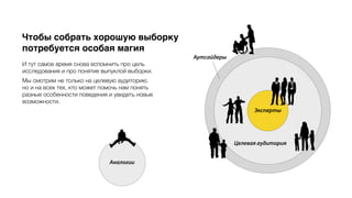 Аналогии
Аутсайдеры
Целевая аудитория
Эксперты
Чтобы собрать хорошую выборку
потребуется особая магия
И тут самое время снова вспомнить про цель
исследования и про понятие выпуклой выборки.
Мы смотрим не только на целевую аудиторию,
но и на всех тех, кто может помочь нам понять
разные особенности поведения и увидеть новые
возможности.
 