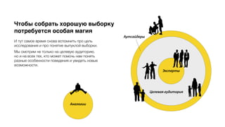 Аналогии
Аутсайдеры
Целевая аудитория
Эксперты
Чтобы собрать хорошую выборку
потребуется особая магия
И тут самое время снова вспомнить про цель
исследования и про понятие выпуклой выборки.
Мы смотрим не только на целевую аудиторию,
но и на всех тех, кто может помочь нам понять
разные особенности поведения и увидеть новые
возможности.
 