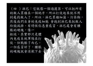 （四 ）淋巴：它就像一個過濾器，可以把所有
的敵人累積在一個地方，所以打仗起來就不用
到處找敵人了。所以，淋巴累積細菌、污染物，
然後我們自身的免疫細胞 會跑到淋巴來把敵人
給毀滅掉。有時候你患重感冒，淋巴處會有腫
脹的硬塊，像一
粒球，其實那只是體粒球，其實那只是體
內免疫系統軍隊在打
仗，但戰勝了而已。
一但感冒好了，腫脹
的硬塊就會消軟下去。
 