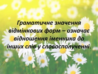 Граматичне значення
відмінкових форм – означає
відношення іменника до
інших слів у словосполученні.
 