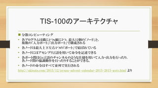 TIS-100のアーキテクチャ
 分散コンピューティング
• 各プログラムは横に4つx縦に3つ、最大12個の「ノード」と、
複数の「入力ポート」「出力ポート」で構成される
• 各ノードは最大上下左右4つの「ポート」で結ばれている
• 各ノードにはアセンブリ言語を用いて命令を記述できる
• 各ポート間はGo言語のチャンネルのような仕様を用いて入力・出力を行ったり、
各ノード間の協調動作を行ったりすることができる。
• 各ノードの命令はすべて並列で実行される
http://akisute.com/2015/12/pyspa-advent-calendar-2015-2015-goty.html より
 