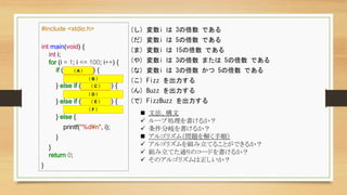 (し) 変数i は 3の倍数 である
(だ) 変数i は 5の倍数 である
(ま) 変数i は 15の倍数 である
(や) 変数i は 3の倍数 または 5の倍数 である
(な) 変数i は 3の倍数 かつ 5の倍数 である
(こ) Fizz を出力する
(ん) Buzz を出力する
(で) FizzBuzz を出力する
#include <stdio.h>
int main(void) {
int i;
for (i = 1; i <= 100; i++) {
if (isx3orx5(i)) {
printf(“xxxxxxxx¥n");
} else if (isx3xxxx(i)) {
printf(“xxxxxxxx¥n");
} else if (isx5xxxx(i)) {
printf(“xxxxxxxx¥n");
} else {
printf("%d¥n", i);
}
}
return 0;
}
（ A ）
（ C ）
（ E ）
（ F ）
（ D ）
（ B ）
 文法、構文
 ループ処理を書けるか？
 条件分岐を書けるか？
 アルゴリズム（問題を解く手順）
 アルゴリズムを組み立てることができるか？
 組み立てた通りのコードを書けるか？
 そのアルゴリズムは正しいか？
 