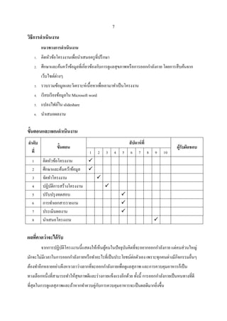 7
วิธีการดาเนินงาน
แนวทางการดาเนินงาน
1. คิดหัวข้อโครงงานเพื่อนาเสนอครูที่ปรึกษา
2. ศึกษาและค้นคว้าข้อมูลที่เกี่ยวข้องกับการดูแลสุขภาพหรือการออกกาลังกาย โดยการสืบค้นจาก
เว็บไซต์ต่างๆ
3. รวบรวมข้อมูลและวิเคราะห์เนื้อหาเพื่อเอามาทาเป็นโครงงาน
4. เรียบเรียงข้อมูลใน Microsoft word
5. แปลงไฟล์ใน slideshare
6. นาเสนอผลงาน
ขั้นตอนและแผนดาเนินงาน
ลาดับ
ที่
ขั้นตอน
สัปดาห์ที่
ผู้รับผิดชอบ
1 2 3 4 5 6 7 8 9 10
1 คิดหัวข้อโครงงาน 
2 ศึกษาและค้นคว้าข้อมูล 
3 จัดทาโครงงาน 
4 ปฏิบัติการสร้างโครงงาน 
5 ปรับปรุงทดสอบ 
6 การทาเอกสารรายงาน 
7 ประเมินผลงาน 
8 นาเสนอโครงงาน 
ผลที่คาดว่าจะได้รับ
จากการปฏิบัติโครงงานนี้แสดงให้เห็นผู้คนในปัจจุบันคิดที่จะอยากออกกาลังกาย แต่คนส่วนใหญ่
มักจะไม่มีเวลาในการออกกาลังกายหรือทาอะไรที่เป็นประโยชน์ต่อตัวเอง เพราะทุกคนต่างมีกิจกรรมอื่นๆ
ต้องทาอีกหลายอย่างจึงหาเวลาว่างยากที่จะออกกาลังกายเพื่อดูแลสุภาพ และการควบคุมอาหารก็เป็น
ทางเลือกหนึ่งที่สามารถทาให้สุขภาพดีและร่างกายแข็งแรงอีกด้วย ทั้งนี้ การออกกาลังกายเป็นหนทางที่ดี
ที่สุดในการดูแลสุภาพและถ้าหากทาควบคู่กับการควบคุมอาหารจะเป็นผลดีมากยิ่งขึ้น
 