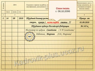 №записи
Дата Сведения о приеме на работу, переводе на другую постоянную работу,
квалификации, увольнении (с указанием причин и ссылкой на статью,
пункт закона)
Наименование дата и
номер документа, на
основании которого
внесена запись
число месяц год
1 2 3 4
5. 14 09 2010 Трудовой договор расторгнут, уволен по соглашению Приказ от
сторон, пункт 1 части первой статьи 77 01.09.2010
Трудового кодекса Российской Федерации № 145-к
Инспектор по кадрам Самойлова / А И Самойлова/
Работник Миронов /А.К. Миронов/
МП
Стали писать
с 06.10.2006
 