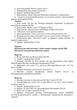 4. Бліц-опитування “British women writers”.
5. Міжнародний день Землі ( Earth Day )
6. English - speaking Day (22.04)
7. Шекспіріада . Акція «Читаємо Шекспіра в оригіналі та перекладах»
8. “Символи та традиції Великодня в англомовних країнах“ (розгадування
ребусів, кросвордів) (29.04)
Травень
1. День сонця. The Sun day. Конкурс приказок, скоромовок та крилатих
висловів про природу (03.05)
2. День матері. Mother`s day ( 2nd
Sunday in May)
3. День пам’яті. Memorial day ( last Monday in May in the USA )
4. “ABC party” (для першокласників)
5. Бліц-опитування: “Artists and writers of Great Britain and the USA ”
6. Конкурс для молодших школярів “Are you a good learner of English?”
7. Позакласний захід “Dictionary pupil” на кращого знавця лексики, на
кращого перекладача
8. English - speaking Day (17.05)
Червень
Навчання англійської мови у літніх мовних таборах на базі ЗНЗ
Навчальні екскурсії (англійською мовою)
Вересень
1. Флеш-моб Welcome Back to School (01.09)
2. English - speaking Day (23.09)
3. Конкурс стінгазет до 125-ї річниці від дня народження Агати Крісті
(Мері Кларіса Міллер), англійської письменниці.(15.09)
4. Брейн-ринг для учнів 5-7-х класів до Дня європейських мов “Are You
Smart”(26.09)
5. Конкурс малюнків «My favourite cartoon hero»
6. Виставка книжок англійською мовою English Forever до
Всеукраїнського Дня бібліотек.(30.09)
Жовтень
1. Конкурс листівок до Дня вчителя My Dear Teacher (07.10)
2. Гра-змагання для учнів 8-9-х класів What do you know about English-
speaking countries
3. English - speaking Day (21.10 )
4. Проект: No More Wars до Дня визволення Полтавщини (24.10)
5. Halloween: історія і традиції (31.10)
6. Обласні літературні читання «Шекспірівський сонет» (ПОІППО
ім. М.В. Остроградського спільно з Полтавським університетом економіки і
торгівлі)
 