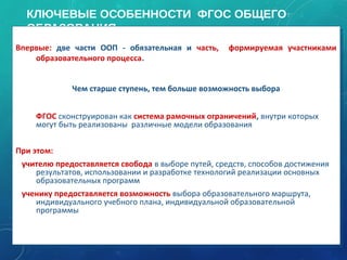 КЛЮЧЕВЫЕ ОСОБЕННОСТИ ФГОС ОБЩЕГО
ОБРАЗОВАНИЯ
Впервые: две части ООП - обязательная и часть, формируемая участниками
образовательного процесса.
Чем старше ступень, тем больше возможность выбора
• ФГОС сконструирован как система рамочных ограничений, внутри которых
могут быть реализованы различные модели образования
При этом:
учителю предоставляется свобода в выборе путей, средств, способов достижения
результатов, использовании и разработке технологий реализации основных
образовательных программ
ученику предоставляется возможность выбора образовательного маршрута,
индивидуального учебного плана, индивидуальной образовательной
программы
Впервые: две части ООП - обязательная и часть, формируемая участниками
образовательного процесса.
Чем старше ступень, тем больше возможность выбора
• ФГОС сконструирован как система рамочных ограничений, внутри которых
могут быть реализованы различные модели образования
При этом:
учителю предоставляется свобода в выборе путей, средств, способов достижения
результатов, использовании и разработке технологий реализации основных
образовательных программ
ученику предоставляется возможность выбора образовательного маршрута,
индивидуального учебного плана, индивидуальной образовательной
программы
10
 