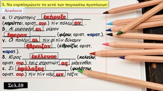 Σελ.59
α. Ὁ στρατηγὸς __________________
(κηρύττει, οριστ. αορ.) τὸν πόλεμ____ .
β. Αἱ μυροφόρ____ μύρον
__________________ (φέρω, οριστ. παρατ.).
γ. Οἱ πολέμι____ τὴν αὑτῶν δύναμιν
__________________ (ἀθροίζω, οριστ.
παρατ.).
δ. Κῦρος __________________ (κελεύω,
οριστ. αορ.) τοὺς στρατιώτ____ μάχεσθαι.
ε. Σὺ __________________ (φυλάττω,
οριστ. αορ.) τὴν τῶν νόμ____ τάξιν.
 