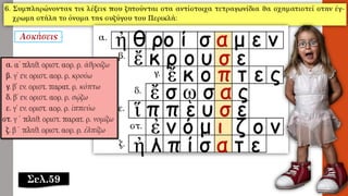 Σελ.59
ἠ θ ρο ί σ α μ ε ν
ἔ κ ρ ο υ σ ε
ἔ κ ο π τ ε ς
ἔ σ ῳ σ α ς
ἵ π π ε υ σ ε
ἐ ν ό μ ι ζ ο ν
ἠ λ π ί σ α τ ε
 