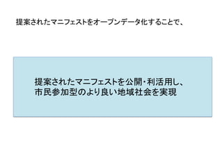 提案されたマニフェストをオープンデータ化することで、	
提案されたマニフェストを公開・利活用し、	
  
市民参加型のより良い地域社会を実現	
  
 