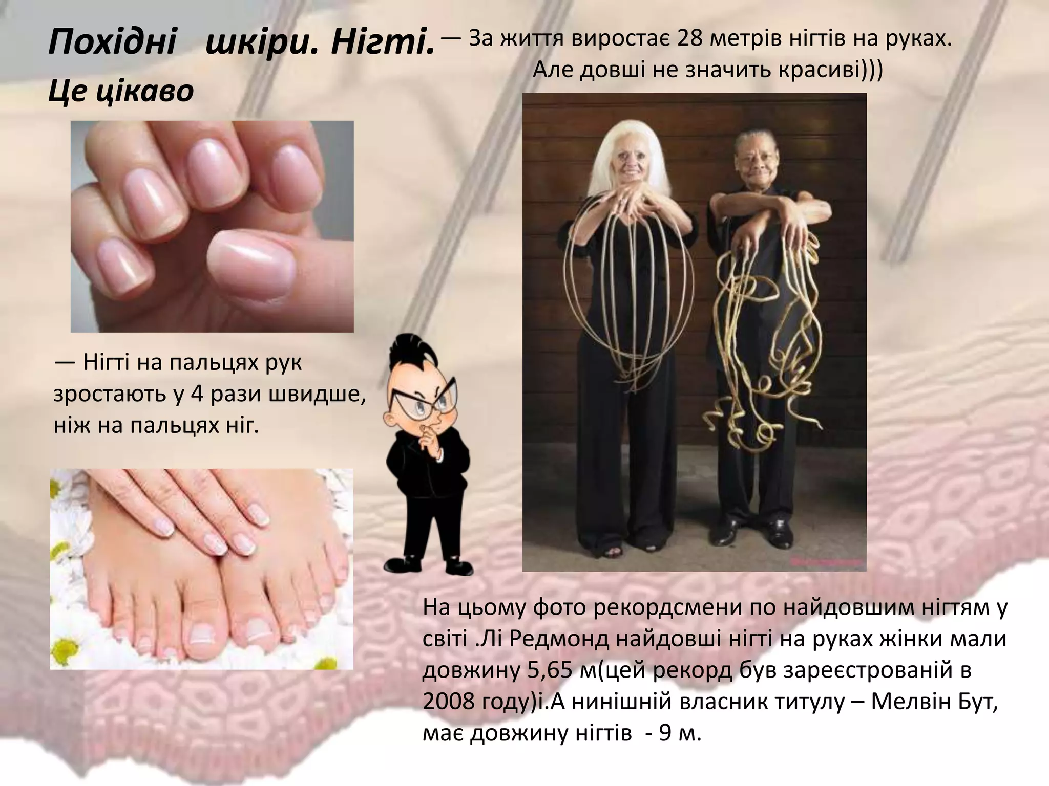 — За життя виростає 28 метрів нігтів на руках.
Але довші не значить красиві)))
Похідні шкіри. Нігті.
Це цікаво
— Нігті на пальцях рук
зростають у 4 рази швидше,
ніж на пальцях ніг.
На цьому фото рекордсмени по найдовшим нігтям у
світі .Лі Редмонд найдовші нігті на руках жінки мали
довжину 5,65 м(цей рекорд був зареєстрованій в
2008 году)і.А нинішній власник титулу – Мелвін Бут,
має довжину нігтів - 9 м.
 