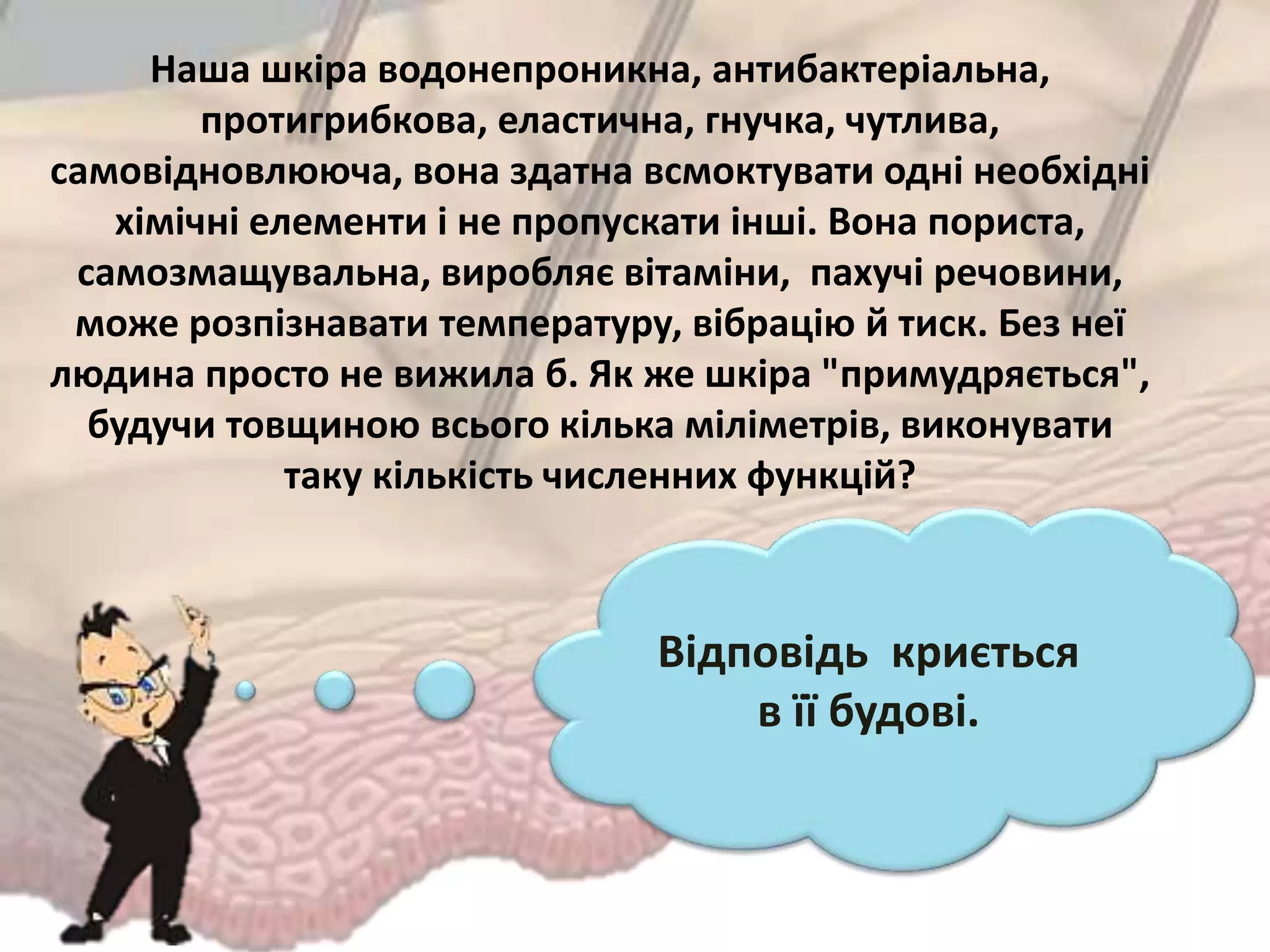 Наша шкіра водонепроникна, антибактеріальна,
протигрибкова, еластична, гнучка, чутлива,
самовідновлююча, вона здатна всмоктувати одні необхідні
хімічні елементи і не пропускати інші. Вона пориста,
самозмащувальна, виробляє вітаміни, пахучі речовини,
може розпізнавати температуру, вібрацію й тиск. Без неї
людина просто не вижила б. Як же шкіра "примудряється",
будучи товщиною всього кілька міліметрів, виконувати
таку кількість численних функцій?
Відповідь криється
в її будові.
 