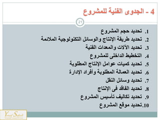 .1‫تحديد‬‫المشروع‬ ‫حجم‬
.2‫تحديد‬‫المالئمة‬ ‫التكنولوجية‬ ‫والوسائل‬ ‫اإلنتاج‬ ‫طريقة‬
.3‫تحديد‬‫الفنية‬ ‫والمعدات‬ ‫اآلالت‬
.4‫التخطيط‬‫للمشروع‬ ‫الداخلى‬
.5‫تحديد‬‫المطلوبة‬ ‫اإلنتاج‬ ‫عوامل‬ ‫كميات‬
.6‫تحديد‬‫وأفراد‬ ‫المطلوبة‬ ‫العمالة‬‫اإلدارة‬
.7‫تحديد‬‫و‬‫سائل‬‫النقل‬
.8‫تحديد‬‫اإلنتاج‬ ‫فى‬ ‫الفاقد‬
.9‫تحديد‬‫المشروع‬ ‫تأسيس‬ ‫تكاليف‬
.10‫تحديد‬‫المشروع‬ ‫موقع‬
4-‫الجدوى‬‫للمشروع‬ ‫الفنية‬
21
 