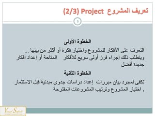 ‫الخطوة‬‫األولى‬
‫ف‬ ‫ارمع‬‫نيس‬ ‫األ‬ ‫للى‬‫ر‬‫هي‬ ‫به‬ ‫ي‬ ‫أكث‬ ‫أو‬ ‫ة‬ ‫ن‬ ‫واخمهيس‬ ‫و‬ ‫لم‬...
‫وةمطل‬‫نيس‬ ‫رأل‬ ‫ةت‬ ‫أورى‬ ‫ز‬ ‫اء‬ ‫إو‬ ‫را‬‫نيس‬ ‫أ‬ ‫إلااح‬ ‫أو‬ ‫ارمميشت‬
‫ضل‬ ‫أ‬ ‫واةاة‬
‫الخطوة‬‫الثانية‬
‫إلااح‬‫مثميس‬ ‫ا‬ ‫عبل‬ ‫باقهت‬ ‫واوى‬ ‫يت‬ ‫حسا‬ ‫سات‬ ‫ب‬ ‫بهين‬ ‫ح‬ ‫رمج‬ ‫تنذى‬
‫شت‬ ‫ارمرم‬ ‫وليت‬ ‫ارم‬ ‫ته‬ ‫وت‬ ‫و‬ ‫ارم‬ ‫اخمهيس‬ .
‫المشروع‬ ‫تعريف‬(2/3) Project
6
 