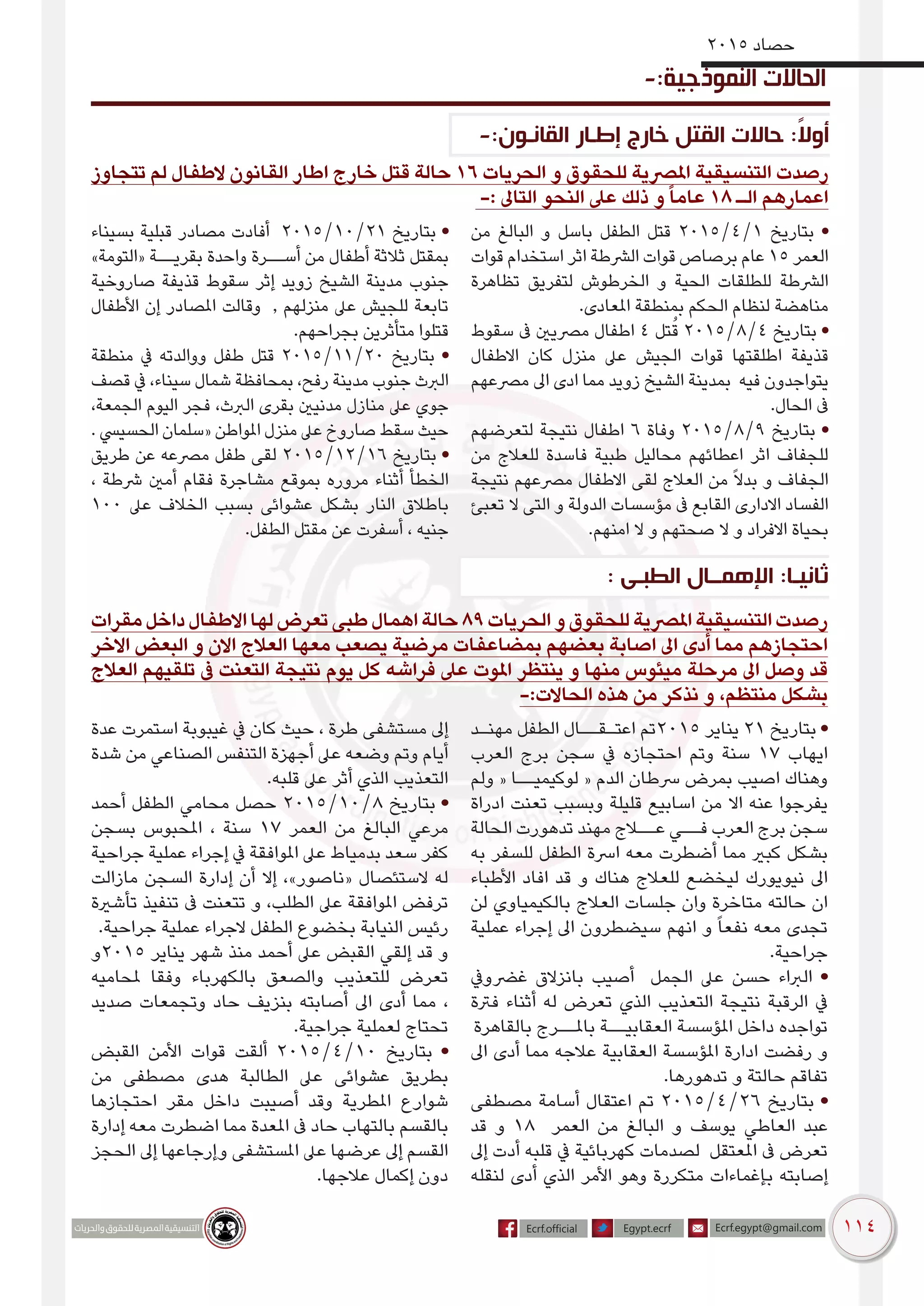 114
2015 ‫حصاد‬
‫تتجاوز‬ ‫لم‬ ‫الطفال‬ ‫القانون‬ ‫اطار‬ ‫خارج‬ ‫قتل‬ ‫حالة‬ 16 ‫الحريات‬ ‫و‬ ‫للحقوق‬ ‫املرصية‬ ‫التنسيقية‬ ‫رصدت‬
-: ‫التاىل‬ ‫النحو‬ ‫عىل‬ ‫ذلك‬ ‫و‬ً‫ا‬‫عام‬ 18 ‫الـ‬ ‫اعمارهم‬
‫من‬ ‫البالغ‬ ‫و‬ ‫باسل‬ ‫الطفل‬ ‫قتل‬ 2015/4/1 ‫بتاريخ‬ •
‫قوات‬ ‫استخدام‬ ‫اثر‬ ‫الرشطة‬ ‫قوات‬ ‫برصاص‬ ‫عام‬ 15 ‫العمر‬
‫تظاهرة‬ ‫لتفريق‬ ‫الخرطوش‬ ‫و‬ ‫الحية‬ ‫للطلقات‬ ‫الرشطة‬
.‫املعادى‬ ‫بمنطقة‬ ‫الحكم‬ ‫لنظام‬ ‫مناهضة‬
‫سقوط‬ ‫ىف‬ ‫مرصيني‬ ‫اطفال‬ 4 ‫تل‬ُ‫ق‬ 2015/8/4 ‫بتاريخ‬ •
‫االطفال‬ ‫كان‬ ‫منزل‬ ‫عىل‬ ‫الجيش‬ ‫قوات‬ ‫اطلقتها‬ ‫قذيفة‬
‫مرصعهم‬ ‫اىل‬ ‫ادى‬ ‫مما‬ ‫زويد‬ ‫الشيخ‬ ‫بمدينة‬ ‫فيه‬ ‫يتواجدون‬
.‫الحال‬ ‫ىف‬
‫لتعرضهم‬ ‫نتيجة‬ ‫اطفال‬ 6 ‫وفاة‬ 2015/8/9 ‫بتاريخ‬ •
‫من‬ ‫للعالج‬ ‫فاسدة‬ ‫طبية‬ ‫محاليل‬ ‫اعطائهم‬ ‫اثر‬ ‫للجفاف‬
‫نتيجة‬ ‫مرصعهم‬ ‫االطفال‬ ‫لقى‬ ‫العالج‬ ‫من‬ ً‫ال‬‫بد‬ ‫و‬ ‫الجفاف‬
‫تعبئ‬ ‫ال‬ ‫التى‬ ‫و‬ ‫الدولة‬ ‫مؤسسات‬ ‫ىف‬ ‫القابع‬ ‫االدارى‬ ‫الفساد‬
.‫امنهم‬ ‫ال‬ ‫و‬ ‫صحتهم‬ ‫ال‬ ‫و‬ ‫االفراد‬ ‫بحياة‬
‫بسيناء‬ ‫قبلية‬ ‫مصادر‬ ‫أفادت‬ 2015/10/21 ‫بتاريخ‬ •
»‫«التومة‬ ‫بقريــة‬ ‫واحدة‬ ‫أســرة‬ ‫من‬ ‫أطفال‬ ‫ثالثة‬ ‫بمقتل‬
‫صاروخية‬ ‫قذيفة‬ ‫سقوط‬ ‫إثر‬ ‫زويد‬ ‫الشيخ‬ ‫مدينة‬ ‫جنوب‬
‫األطفال‬ ‫إن‬ ‫املصادر‬ ‫وقالت‬ , ‫منزلهم‬ ‫عىل‬ ‫للجيش‬ ‫تابعة‬
.‫بجراحهم‬ ‫متأثرين‬ ‫قتلوا‬
‫منطقة‬ ‫يف‬ ‫ووالدته‬ ‫طفل‬ ‫قتل‬ 2015/11/20 ‫بتاريخ‬ •
‫قصف‬ ‫يف‬ ،‫سيناء‬ ‫شمال‬ ‫بمحافظة‬ ،‫رفح‬ ‫مدينة‬ ‫جنوب‬ ‫الربث‬
،‫الجمعة‬ ‫اليوم‬ ‫فجر‬ ،‫الربث‬ ‫بقرى‬ ‫مدنيني‬ ‫منازل‬ ‫عىل‬ ‫جوي‬
. ‫الحسييس‬ ‫«سلمان‬ ‫املواطن‬ ‫منزل‬ ‫عىل‬ ‫صاروخ‬ ‫سقط‬ ‫حيث‬
‫طريق‬ ‫عن‬ ‫مرصعه‬ ‫طفل‬ ‫لقى‬ 2015/12/16 ‫بتاريخ‬ •
، ‫رشطة‬ ‫أمني‬ ‫فقام‬ ‫مشاجرة‬ ‫بموقع‬ ‫مروره‬ ‫أثناء‬ ‫الخطأ‬
100 ‫عىل‬ ‫الخالف‬ ‫بسبب‬ ‫عشوائى‬ ‫بشكل‬ ‫النار‬ ‫باطالق‬
.‫الطفل‬ ‫مقتل‬ ‫عن‬ ‫أسفرت‬ ، ‫جنيه‬
‫مقرات‬‫داخل‬‫االطفال‬‫لها‬‫تعرض‬‫طبى‬‫اهمال‬‫حالة‬89‫الحريات‬‫و‬‫للحقوق‬‫املرصية‬‫التنسيقية‬‫رصدت‬
‫االخر‬ ‫البعض‬ ‫و‬ ‫االن‬ ‫العالج‬ ‫معها‬ ‫يصعب‬ ‫مرضية‬ ‫بمضاعفات‬ ‫بعضهم‬ ‫اصابة‬ ‫اىل‬ ‫أدى‬ ‫مما‬ ‫احتجازهم‬
‫العالج‬ ‫تلقيهم‬ ‫ىف‬ ‫التعنت‬ ‫نتيجة‬ ‫يوم‬ ‫كل‬ ‫فراشه‬ ‫عىل‬ ‫املوت‬ ‫ينتظر‬ ‫و‬ ‫منها‬ ‫ميئوس‬ ‫مرحلة‬ ‫اىل‬ ‫وصل‬ ‫قد‬
-:‫الحاالت‬ ‫هذه‬ ‫من‬ ‫نذكر‬ ‫و‬ ،‫منتظم‬ ‫بشكل‬
‫مهنـد‬ ‫الطفل‬ ‫اعتـقــال‬ ‫5102تم‬ ‫يناير‬ 21 ‫بتاريخ‬ •
‫العرب‬ ‫برج‬ ‫سجن‬ ‫يف‬ ‫احتجازه‬ ‫وتم‬ ‫سنة‬ 17 ‫ايهاب‬
‫ولم‬ « ‫لوكيميــا‬ « ‫الدم‬ ‫رسطان‬ ‫بمرض‬ ‫اصيب‬ ‫وهناك‬
‫ادراة‬ ‫تعنت‬ ‫وبسبب‬ ‫قليلة‬ ‫اسابيع‬ ‫من‬ ‫اال‬ ‫عنه‬ ‫يفرجوا‬
‫الحالة‬ ‫تدهورت‬ ‫مهند‬ ‫عــالج‬ ‫فــي‬ ‫العرب‬ ‫برج‬ ‫سجن‬
‫به‬ ‫للسفر‬ ‫الطفل‬ ‫ارسة‬ ‫معه‬ ‫أضطرت‬ ‫مما‬ ‫كبري‬ ‫بشكل‬
‫األطباء‬ ‫افاد‬ ‫قد‬ ‫و‬ ‫هناك‬ ‫للعالج‬ ‫ليخضع‬ ‫نيويورك‬ ‫اىل‬
‫لن‬ ‫بالكيمياوي‬ ‫العالج‬ ‫جلسات‬ ‫وان‬ ‫متاخرة‬ ‫حالته‬ ‫ان‬
‫عملية‬ ‫إجراء‬ ‫اىل‬ ‫سيضطرون‬ ‫انهم‬ ‫و‬ ً‫ا‬‫نفع‬ ‫معه‬ ‫تجدى‬
.‫جراحية‬
‫غرضويف‬ ‫بانزالق‬ ‫أصيب‬ ‫الجمل‬ ‫عىل‬ ‫حسن‬ ‫الرباء‬ •
‫فرتة‬ ‫أثناء‬ ‫له‬ ‫تعرض‬ ‫الذي‬ ‫التعذيب‬ ‫نتيجة‬ ‫الرقبة‬ ‫يف‬
‫بالقاهرة‬ ‫باملــرج‬ ‫العقابيــة‬ ‫املؤسسة‬ ‫داخل‬ ‫تواجده‬
‫اىل‬ ‫أدى‬ ‫مما‬ ‫عالجه‬ ‫العقابية‬ ‫املؤسسة‬ ‫ادارة‬ ‫رفضت‬ ‫و‬
.‫تدهورها‬ ‫و‬ ‫حالتة‬ ‫تفاقم‬
‫مصطفى‬ ‫أسامة‬ ‫اعتقال‬ ‫تم‬ 2015/4/26 ‫بتاريخ‬ •
‫قد‬ ‫و‬ 18 ‫العمر‬ ‫من‬ ‫البالغ‬ ‫و‬ ‫يوسف‬ ‫العاطي‬ ‫عبد‬
‫إىل‬ ‫أدت‬ ‫قلبه‬ ‫يف‬ ‫كهربائية‬ ‫لصدمات‬ ‫املعتقل‬ ‫ىف‬ ‫تعرض‬
‫لنقله‬ ‫أدى‬ ‫الذي‬ ‫األمر‬ ‫وهو‬ ‫متكررة‬ ‫بإغماءات‬ ‫إصابته‬
‫عدة‬ ‫استمرت‬ ‫غيبوبة‬ ‫يف‬ ‫كان‬ ‫حيث‬ ، ‫طرة‬ ‫مستشفى‬ ‫إىل‬
‫شدة‬ ‫من‬ ‫الصناعي‬ ‫التنفس‬ ‫أجهزة‬ ‫عىل‬ ‫وضعه‬ ‫وتم‬ ‫أيام‬
.‫قلبه‬ ‫عىل‬ ‫أثر‬ ‫الذي‬ ‫التعذيب‬
‫أحمد‬ ‫الطفل‬ ‫محامي‬ ‫حصل‬ 2015/10/8 ‫بتاريخ‬ •
‫بسجن‬ ‫املحبوس‬ ، ‫سنة‬ 17 ‫العمر‬ ‫من‬ ‫البالغ‬ ‫مرعي‬
‫جراحية‬ ‫عملية‬ ‫إجراء‬ ‫يف‬ ‫املوافقة‬ ‫عىل‬ ‫بدمياط‬ ‫سعد‬ ‫كفر‬
‫مازالت‬ ‫السجن‬ ‫إدارة‬ ‫أن‬ ‫إال‬ ،»‫«ناصور‬ ‫الستئصال‬ ‫له‬
‫تأشرية‬ ‫تنفيذ‬ ‫ىف‬ ‫تتعنت‬ ‫و‬ ،‫الطلب‬ ‫عىل‬ ‫املوافقة‬ ‫ترفض‬
.‫جراحية‬ ‫عملية‬ ‫الجراء‬ ‫الطفل‬ ‫بخضوع‬ ‫النيابة‬ ‫رئيس‬
‫5102و‬ ‫يناير‬ ‫شهر‬ ‫منذ‬ ‫أحمد‬ ‫عىل‬ ‫القبض‬ ‫إلقي‬ ‫قد‬ ‫و‬
‫ملحاميه‬ ‫وفقا‬ ‫بالكهرباء‬ ‫والصعق‬ ‫للتعذيب‬ ‫تعرض‬
‫صديد‬ ‫وتجمعات‬ ‫حاد‬ ‫بنزيف‬ ‫أصابته‬ ‫اىل‬ ‫أدى‬ ‫مما‬ ،
.‫جراجية‬ ‫لعملية‬ ‫تحتاج‬
‫القبض‬ ‫األمن‬ ‫قوات‬ ‫ألقت‬ 2015/4/10 ‫بتاريخ‬ •
‫من‬ ‫مصطفى‬ ‫هدى‬ ‫الطالبة‬ ‫عىل‬ ‫عشوائى‬ ‫بطريق‬
‫احتجازها‬ ‫مقر‬ ‫داخل‬ ‫أصيبت‬ ‫وقد‬ ‫املطرية‬ ‫شوارع‬
‫إدارة‬ ‫معه‬ ‫اضطرت‬ ‫مما‬ ‫املعدة‬ ‫ىف‬ ‫حاد‬ ‫بالتهاب‬ ‫بالقسم‬
‫الحجز‬ ‫إىل‬ ‫وإرجاعها‬ ‫املستشفى‬ ‫عىل‬ ‫عرضها‬ ‫إىل‬ ‫القسم‬
.‫عالجها‬ ‫إكمال‬ ‫دون‬
-:‫النموذجية‬ ‫الحاالت‬
-:‫القانـون‬ ‫إطـار‬ ‫خارج‬ ‫القتل‬ ‫حاالت‬ :ً‫ال‬‫أو‬
: ‫الطبـى‬ ‫اإلهمــال‬ :‫ثانيـا‬
 
