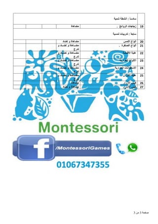 ‫صفحة‬3‫من‬3
‫شمية‬ ‫أنشطة‬ : ً‫ا‬‫سادس‬
19‫الروائح‬ ‫زجاجات‬.‫مضاهاة‬
‫لمسية‬ ‫تدريبات‬ : ً‫ا‬‫سابع‬
20‫اللمس‬ ‫الواح‬‫تضاد‬ ‫و‬ ‫مضاهاة‬
21‫الصنفرة‬ ‫ألواح‬.‫و‬ ‫ررراد‬‫ر‬‫تض‬ ‫و‬ ‫مضررراهاة‬
‫تدرج‬
22‫االقمشة‬ ‫علبة‬‫ت‬ ‫و‬ ‫مضررراهاة‬‫و‬ ‫ررراد‬‫ر‬‫ض‬
‫تدرج‬
23‫الحرارية‬ ‫االلواح‬‫و‬ ‫ررراد‬‫ر‬‫تض‬ ‫و‬ ‫مضررراهاة‬
‫تدرج‬
24‫الحرارية‬ ‫االسطوانات‬‫و‬ ‫ررراد‬‫ر‬‫تض‬ ‫و‬ ‫مضررراهاة‬
‫تدرج‬
25‫االوزان‬ ‫علبة‬‫و‬ ‫ررراد‬‫ر‬‫تض‬ ‫و‬ ‫مضررراهاة‬
‫تدرج‬
26‫االزرار‬ ‫كيس‬‫مضاهاة‬
27‫االسرار‬ ‫كيس‬‫تضاد‬ ‫و‬ ‫مضاهاة‬
 