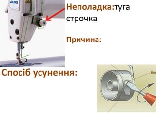 Неполадка:туга
строчка
Причина:
Спосіб усунення:
 