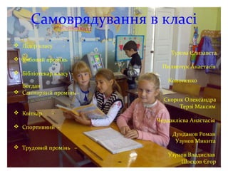 Самоврядування в класі
 Лідер класу -
Тузова Єлизавєта
 Учбовий промінь -
Пилипчук Анастасія
 Бібліотекар класу -
Кононенко
Богдан
 Санітарний промінь –
Скорик Олександра
Терзі Максим
 Квіткар -
Чердаклієва Анастасія
 Спортивний -
Дунданов Роман
Узунов Микита
 Трудовий промінь –
Узунов Владислав
Швєцов Єгор
 