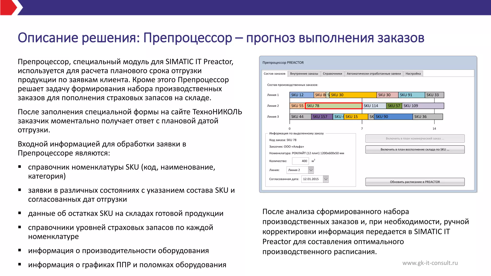 www.gk-it-consult.ru
Описание решения: Препроцессор – прогноз выполнения заказов
Препроцессор, специальный модуль для SIMATIC IT Preactor,
используется для расчета планового срока отгрузки
продукции по заявкам клиента. Кроме этого Препроцессор
решает задачу формирования набора производственных
заказов для пополнения страховых запасов на складе.
После заполнения специальной формы на сайте ТехноНИКОЛЬ
заказчик моментально получает ответ с плановой датой
отгрузки.
Входной информацией для обработки заявки в
Препроцессоре являются:
 справочник номенклатуры SKU (код, наименование,
категория)
 заявки в различных состояниях с указанием состава SKU и
согласованных дат отгрузки
 данные об остатках SKU на складах готовой продукции
 справочники уровней страховых запасов по каждой
номенклатуре
 информация о производительности оборудования
 информация о графиках ППР и поломках оборудования
После анализа сформированного набора
производственных заказов и, при необходимости, ручной
корректировки информация передается в SIMATIC IT
Preactor для составления оптимального
производственного расписания.
 