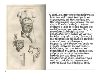 Ο Βεσάλιος, στον οποίο προσφέρθηκε η
θέση του καθηγητού Ανατομικής και
Χειρουργικής στο Πανεπιστήμιο της
Πάντοβα αμέσως μόλις αποφοίτησε (σε
ηλικία 23 ετών), άλλαξε τα πάντα:
ανέτεμνε ο ίδιος τα νεκρά σώματα για
να δείξει στους φοιτητές του όλες τις
ανατομικές λεπτομέρειες, ενώ
παράλληλα έκανε σκίτσα για να τους
βοηθήσει στη μελέτη τους. Στην αρχή
της προσπάθειάς του αυτής ο Βεσάλιος
ήταν από τους μεγαλύτερους
θαυμαστές του Γαληνού, τον οποίο και
ονόμαζε «πρίγκιπα της ανατομίας».
Καθώς όμως ανέτεμνε ολοένα και
περισσότερα πτώματα, ο Βεσάλιος δεν
μπόρεσε να μην παρατηρήσει ότι ο
Γαληνός δεν είχε πάντα δίκιο:
παραδείγματος χάριν, υπάρχουν τρία
οστά στο ανθρώπινο στέρνο και ο
Γαληνός έλεγε πως υπάρχουν επτά.
 