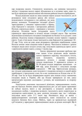31
пар підорлика малого. Спеціалісти зазначають, що оцінкова чисельність
змієїда і підорлика малого наразі збільшилася не в останню чергу через те,
що було проведено прискіпливіше обстеження районів їхнього перебування.
Кілька рідкісних видів не лише певною мірою додали чисельності, але й
розширили межі гніздового ареалу або почали
відновлювати гніздування в тих районах, які вони
раніше залишили. Розширення гніздової області
зареєстровано у вівсянки чорноголової в Криму,
сови бородатої в західних і центральних районах
Полісся, сорокопуда сірого – переважно у західних
областях. Останнім часом гніздування цього
сорокопуда зареєстровано в кількох місцях степової смуги. Про часткове
відновлення колишнього гніздового поширення на Поліссі та в сусідніх з ним
районах Лісостепу можна стверджувати стосовно лелеки чорного і журавля
сірого. З цих п’яти видів тільки чисельність сови бородатої не перевищує 20–
35 пар. Утім, хоча ця сова дещо розширила територію перебування, однак
Полісся зачіпає лише південна межа її ареалу. Чисельність кожного з решти
чотирьох видів сягає кількох сотень пар, популяцію сорокопуда сірого дехто
з орнітологів оцінює навіть у понад 1 тисячу пар.
Значно тривожніші висновки зроблено про
стан інших п’яти рідкісних видів націона-
льного червоного переліку: чисельність гоголя,
луня польового, підорлика великого,
дерихвоста лучного і скеляра строкатого
зазнала скорочення. У дерихвоста лучного за
20–30 років сталося дворазове зменшення – до
400 пар, дещо більшою є популяція скеляра
строкатого – 900 пар. Орнітологами визнано,
що гніздові угруповання луня польового і підорлика великого в нашій країні
перебувають у критичному стані, бо в них залишилося не більше ніж по 10–
20 пар. Тож чи не буде виправданим надати цим птахам статус зникаючих
гніздових видів в Україні, аби ще більше привернути до них увагу
організаторів наукових досліджень і установ, які відповідають за охорону
довкілля?
Аналізуючи показники чисельності рідкісних червонокнижних птахів,
про які йдеться, бачимо доволі парадоксальну річ: до цієї групи зараховано
як лебедя малого, якого у нас реєструють у кількості десятків або
поодиноких особин, і підорлика великого, чисельність якого скоротилася за
десятиріччя вдвічі-втричі до двох десятків гніздових пар, так і чоботаря,
популяція якого сягає 5–7 тисяч пар. Належність виду до якоїсь з
природоохоронних категорій визначають певні спеціалісти на основі
власного бачення його стану. Мабуть, через це проявляється надмірний
суб’єктивізм у зарахуванні червонокнижних видів до різних категорій. Ще й
 