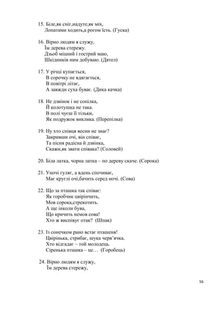 56
15. Біле,як сніг,надуте,як міх,
Лопатами ходить,а рогом їсть. (Гуска)
16. Вірно людям я служу,
Їм дерева стережу.
Дзьоб міцний і гострий маю,
Шкідників ним добуваю. (Дятел)
17. У річці купається,
В сорочку не вдягається,
В повітрі літає,
А завжди суха буває. (Дика качка)
18. Не дзвінок і не сопілка,
Й колотушка не така.
В полі чуєш її тільки,
Як подружок виклика. (Перепілка)
19. Ну хто співця весни не знає?
Закривши очі, він співає,
Та пісня радісна й дзвінка,
Скажи,як звати співака? (Соловей)
20. Біла латка, чорна латка – по дереву скаче. (Сорока)
21. Уночі гуляє, а вдень спочиває,
Має круглі очі,бачить серед ночі. (Сова)
22. Що за пташка так співає:
Як горобчик цвірінчить,
Мов сорока,стрекотить.
А ще інколи бува,
Що кричить немов сова!
Хто ж виспівує отак? (Шпак)
23. Із сонечком рано встає пташеня!
Цвірінька, стрибає, шука черв’ячка.
Хто відгадає – той молодець.
Сіренька пташка – це… (Горобець)
24. Вірно людям я служу,
Їм дерева стережу,
 