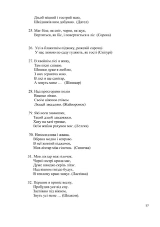 57
Дзьоб міцний і гострий маю,
Шкідників ним добуваю. (Дятел)
25. Має біле, як сніг, чорне, як жук,
Вертиться, як біс, і повертається в ліс (Сорока)
26. Усі в блакитнім піджаку, рожевій сорочці
У нас зимою по саду гуляють, як гості (Снігурі)
27. В хвойнім лісі я живу,
Там пісні співаю.
Шишки дуже я люблю,
З них зернятка маю.
В лісі я ще санітар,
А зовуть мене … (Шишкар)
28. Над просторами полів
Високо літаю.
Своїм ніжним співом
Людей звеселяю. (Жайворонок)
29. Які ноги заввишки,
Такий дзьоб завдовжки.
Хату на хаті тримає,
Всім жабам рахунок має. (Лелека)
30. Непосидлива і жвава,
Вбрана модно і яскраво.
В неї жовтий піджачок,
Мов ліхтар між гілочок. (Синичка)
31. Мов ліхтар між гілочок.
Чорні гострі крила має,
Дуже швидко скрізь літає.
Над вікном гніздо будує,
В теплому краю зимує. (Ластівка)
32. Першим я приніс весну,
Пробудив усе від сну.
Заспіваю під вікном,
Звуть усі мене … (Шпаком).
 