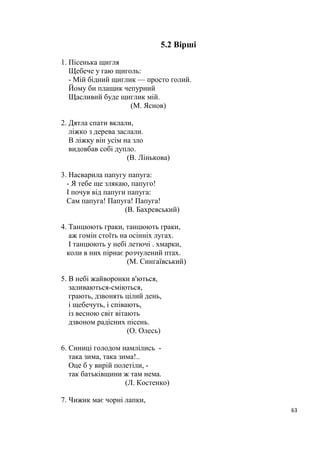 63
5.2 Вірші
1. Пісенька щигля
Щебече у гаю щиголь:
- Мій бідний щиглик — просто голий.
Йому би плащик чепурний
Щасливий буде щиглик мій.
(М. Яснов)
2. Дятла спати вклали,
ліжко з дерева заслали.
В ліжку він усім на зло
видовбав собі дупло.
(В. Лінькова)
3. Насварила папугу папуга:
- Я тебе ще злякаю, папуго!
І почув від папуги папуга:
Сам папуга! Папуга! Папуга!
(В. Бахревський)
4. Танцюють граки, танцюють граки,
аж гомін стоїть на осінніх лугах.
І танцюють у небі летючі . хмарки,
коли в них пірнає розчулений птах.
(М. Сингаївський)
5. В небі жайворонки в'ються,
заливаються-сміються,
грають, дзвонять цілий день,
і щебечуть, і співають,
із весною світ вітають
дзвоном радісних пісень.
(О. Олесь)
6. Синиці голодом намлілись -
така зима, така зима!..
Оце б у вирій полетіли, -
так батьківщини ж там нема.
(Л. Костенко)
7. Чижик має чорні лапки,
 