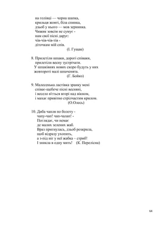 64
на голівці — чорна шапка,
крильця жовті, біла спинка,
дзьоб у нього — мов зернинка.
Чижик зовсім не сумує -
нам свої пісні дарує:
чів-чів-чів-тів -
діточкам мій спів.
(І. Гущак)
8. Прилетіли шпаки, дорогі співаки,
прилетіли весну зустрічати.
У шпаківнях нових скоро будуть у них
жовтороті малі шпаченята.
(Г. Бойко)
9. Малесенька ластівка зранку мені
співає-щебече пісні весняні,
і весело в'ється вгорі над вікном,
і махає привітно стрілчастим крилом.
(О.Олесь)
10. Диба чапля по болоту -
чапу-чап! чап-чалап! -
Поглядає, чи немає
де малих зелених жаб.
Враз пригнулась, дзьоб розкрила,
щоб відразу ухопить,
а з-під ніг у неї жабка – стриб!
І зникла в одну мить! (К. Перелісна)
 