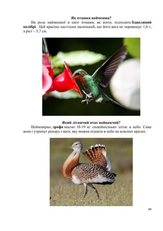 84
Як пташка найменша?
На роль найменшої в світі пташки, як ніхто, підходить бджолиний
колібрі. Цей красень настільки маленький, що його вага не перевищує 1,6 г,
а ріст – 5,7 см.
Який літаючий птах найважчий?
Неймовірно, дрофа масою 18-19 кг спокійнісінько злітає в небо. Саме
вона і утримує рекорд з ваги, яку можна підняти в небо на власних крилах.
 