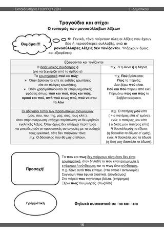 Εκπαιδευτήρια ΓΕΩΡΓΙΟΥ ΖΩΗ E΄ Δημοτικού
16
Θυμάμαι!!!
Προσοχή!
Γραμματική
Τραγούδια και στίχοι
Ο τονισμός των μονοσύλλαβων λέξεων
Γενικά, τόνο παίρνουν όλες οι λέξεις που έχουν
δύο ή περισσότερες συλλαβές, ενώ οι
μονοσύλλαβες λέξεις δεν τονίζονται. Υπάρχουν όμως
και εξαιρέσεις:
Τα που και πως δεν παίρνουν τόνο όταν δεν είναι
ερωτηματικά, όταν δηλαδή το που είναι αντωνυμία ή
επίρρημα ή σύνδεσμος και το πως είναι σύνδεσμος.
π.χ. Κάνε αυτό που είπαμε. (=το οποίο / αντωνυμία)
Συγνώμη που έφυγα βιαστικά. (σύνδεσμος)
Στο πάρκο που πηγαίναμε βόλτα. (επίρρημα)
Ξέρω πως του μίλησες. (πως=ότι)
Θηλυκά ουσιαστικά σε –ια και –εια
Εξαιρούνται και τονίζονται
Ο διαζευκτικός σύνδεσμος ή
(για να ξεχωρίζει από το άρθρο η)
π.χ. Ή η Άννα ή η Μαρία.
Τα ερωτηματικά πού και πώς:
 Όταν βρίσκονται είτε σε ευθείες ερωτήσεις
είτε σε πλάγιες ερωτήσεις.
 Όταν χρησιμοποιούνται σε επιφωνηματικές
φράσεις όπως: πού και πού, πώς και πώς,
αραιά και πού, από πού κι ως πού, πού να σου
τα λέω
π.χ. Πού βρίσκεσαι;
Πώς τα περνάς;
Δεν ξέρω πού είναι.
Πού και πού περνώ από εκεί.
Περιμένω πώς και πώς το
Σαββατοκύριακο.
Οι αδύνατοι τύποι των προσωπικών αντωνυμιών
(μου, σου, του, της, μας, σας, τους κλπ.),
όταν στην ανάγνωση υπάρχει περίπτωση να θεωρηθούν
εγκλιτικές λέξεις. Όταν όμως δεν υπάρχει περίπτωση
να μπερδευτούν οι προσωπικές αντωνυμίες µε τα ομόηχά
τους εγκλιτικά, τότε δεν παίρνουν τόνο:
π.χ. Ο δάσκαλος που θα µας στείλουν.
π.χ. Ο πατέρας µού είπε
( = ο πατέρας είπε σ’ εμένα),
ενώ: ο πατέρας µου είπε
( ο δικός µου πατέρας είπε)
Η δασκάλα µάς τα έδωσε
(η δασκάλα τα έδωσε σ’ εµάς),
ενώ: Η δασκάλα µας τα έδωσε
(η δική µας δασκάλα τα έδωσε).
 