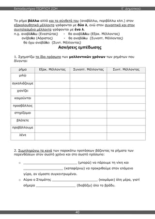 Εκπαιδευτήρια ΓΕΩΡΓΙΟΥ ΖΩΗ E΄ Δημοτικού
40
Το ρήμα βάλλω αλλά και τα σύνθετά του (αναβάλλω, περιβάλλω κλπ.) στον
εξακολουθητικό μέλλοντα γράφονται με δύο λ, ενώ στον συνοπτικό και στον
συντελεσμένο μέλλοντα γράφονται με ένα λ.
π.χ. αναβάλλω (Ενεστώτας) - θα αναβάλλω (Εξακ. Μέλλοντας)
ανέβαλα (Αόριστος) - θα αναβάλω (Συνοπτ. Μέλλοντας)
θα έχω αναβάλει (Συντ. Μέλλοντας)
Ασκήσεις εμπέδωσης
1. Σχηματίζω το ίδιο πρόσωπο των μελλοντικών χρόνων των ρημάτων που
δίνονται:
ρήμα Εξακ. Μέλλοντας Συνοπτ. Μέλλοντας Συντ. Μέλλοντας
μιλώ
αγκαλιάζουμε
χιονίζει
κοιμούνται
προσβάλλεις
στηρίζομαι
βλέπετε
προβάλλουμε
λένε
2. Συμπληρώνω τα κενά των παρακάτω προτάσεων βάζοντας τα ρήματα των
παρενθέσεων στον σωστό χρόνο και στο σωστό πρόσωπο:
o ___________________________ (μπορώ) να πάρουμε τη νίκη και
____________________ (καταφέρνω) να προκριθούμε στον επόμενο
γύρο, αν είμαστε συγκεντρωμένοι.
o Αύριο ο Σταμάτης _______________________ (κοιμάμαι) όλη μέρα, γιατί
σήμερα ____________________ (διαβάζω) όλο το βράδυ.
 