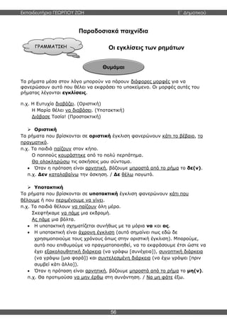 Εκπαιδευτήρια ΓΕΩΡΓΙΟΥ ΖΩΗ E΄ Δημοτικού
56
ΓΡΑΜΜΑΤΙΚΗ
Θυμάμαι
Παραδοσιακά παιχνίδια
Οι εγκλίσεις των ρημάτων
Τα ρήματα μέσα στον λόγο μπορούν να πάρουν διάφορες μορφές για να
φανερώσουν αυτό που θέλει να εκφράσει το υποκείμενο. Οι μορφές αυτές του
ρήματος λέγονται εγκλίσεις.
π.χ. Η Ευτυχία διαβάζει. (Οριστική)
Η Μαρία θέλει να διαβάσει. (Υποτακτική)
Διάβασε Τασία! (Προστακτική)
 Οριστική
Τα ρήματα που βρίσκονται σε οριστική έγκλιση φανερώνουν κάτι το βέβαιο, το
πραγματικό.
π.χ. Τα παιδιά παίζουν στον κήπο.
Ο παππούς κουράστηκε από το πολύ περπάτημα.
Θα ολοκληρώσω τις ασκήσεις μου σύντομα.
 Όταν η πρόταση είναι αρνητική, βάζουμε μπροστά από το ρήμα το δε(ν).
π.χ. Δεν καταλαβαίνω την άσκηση. / Δε θέλω παγωτό.
 Υποτακτική
Τα ρήματα που βρίσκονται σε υποτακτική έγκλιση φανερώνουν κάτι που
θέλουμε ή που περιμένουμε να γίνει.
π.χ. Τα παιδιά θέλουν να παίζουν όλη μέρα.
Σκεφτήκαμε να πάμε μια εκδρομή.
Ας πάμε μια βόλτα.
 Η υποτακτική σχηματίζεται συνήθως με τα μόρια να και ας.
 Η υποτακτική είναι άχρονη έγκλιση (αυτό σημαίνει πως εδώ δε
χρησιμοποιούμε τους χρόνους όπως στην οριστική έγκλιση). Μπορούμε,
αυτό που επιθυμούμε να πραγματοποιηθεί, να το εκφράσουμε έτσι ώστε να
έχει εξακολουθητική διάρκεια (να γράφω [συνέχεια]), συνοπτική διάρκεια
(να γράψω [μια φορά]) και συντελεσμένη διάρκεια (να έχω γράψει [πριν
συμβεί κάτι άλλο]).
 Όταν η πρόταση είναι αρνητική, βάζουμε μπροστά από το ρήμα το μη(ν).
π.χ. Θα προτιμούσα να μην έρθω στη συνάντηση. / Να μη φάτε έξω.
 