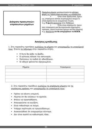 Εκπαιδευτήρια ΓΕΩΡΓΙΟΥ ΖΩΗ E΄ Δημοτικού
63
Διάκριση προσωπικών-
απρόσωπων ρημάτων
Ορισμένα ρήματα χρησιμοποιούνται κάποιες
φορές ως προσωπικά και άλλες ως απρόσωπα.
 Όταν είναι προσωπικά, έχουν
ως υποκείμενο κάποιο συγκεκριμένο όνομα το
οποίο βρίσκεται σε ονομαστική πτώση.
π.χ. Η φωνή ακούγεται στον διάδρομο.
 Όταν είναι απρόσωπα, έχουν
σαν υποκείμενο μια δευτερεύουσα εξαρτημένη
πρόταση. (κατά συνέπεια έχουμε και δύο ρήματα)
π.χ. Ακούγεται ότι θα απεργήσουν τα Μ.Μ.Μ.
Ασκήσεις εμπέδωσης
1. Στις παρακάτω προτάσεις κυκλώνω τα ρήματα και υπογραμμίζω τα υποκείμενά
τους. Έπειτα τα ταξινομώ στην παρακάτω στήλη.
 Η Άντα θα έρθει το βράδυ.
 Ο γείτονας κάλεσε την αστυνομία.
 Πιστεύουν τα παιδιά ότι αδικήθηκαν.
 Οι οδηγοί φαίνονται εξαγριωμένοι.
Ρήματα Υποκείμενα
2. Στις παρακάτω περιόδους κυκλώνω τα απρόσωπα ρήματα και τις
απρόσωπες φράσεις και υπογραμμίζω τα υποκείμενά τους:
 Πρέπει να κάνετε υπομονή.
 Λέγεται ότι θα κλείσουν τα σχολεία.
 Φτάνει να προσπαθήσετε.
 Απαγορεύεται να αγγίζετε.
 Είναι πιθανότερο να λείψει.
 Υπάρχει περίπτωση να τραγουδήσουμε.
 Ανακοινώθηκε ότι αναχωρούμε σύντομα.
 Δεν είναι σωστό να καθυστερείς τόσο.
 