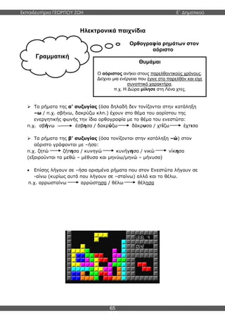 Εκπαιδευτήρια ΓΕΩΡΓΙΟΥ ΖΩΗ E΄ Δημοτικού
65
Γραμματική
Ηλεκτρονικά παιχνίδια
Ορθογραφία ρημάτων στον
αόριστο
 Τα ρήματα της α’ συζυγίας (όσα δηλαδή δεν τονίζονται στην κατάληξη
–ω / π.χ. σβήνω, δακρύζω κλπ.) έχουν στο θέμα του αορίστου της
ενεργητικής φωνής την ίδια ορθογραφία με το θέμα του ενεστώτα:
π.χ. σβήνω έσβησα / δακρύζω δάκρυσα / χτίζω έχτισα
 Τα ρήματα της β’ συζυγίας (όσα τονίζονται στην κατάληξη –ώ) στον
αόριστο γράφονται με –ήσα:
π.χ. ζητώ ζήτησα / κυνηγώ κυνήγησα / νικώ νίκησα
(εξαιρούνται τα μεθώ – μέθυσα και μηνύω/μηνώ – μήνυσα)
 Επίσης λήγουν σε –ήσα ορισμένα ρήματα που στον Ενεστώτα λήγουν σε
-αίνω (κυρίως αυτά που λήγουν σε –σταίνω) αλλά και το θέλω.
π.χ. αρρωσταίνω αρρώστησα / θέλω θέλησα
Θυμάμαι
Ο αόριστος ανήκει στους παρελθοντικούς χρόνους.
Δείχνει μια ενέργεια που έγινε στο παρελθόν και είχε
συνοπτικό χαρακτήρα.
π.χ. Η Δώρα μίλησε στη Λένα χτες.
 