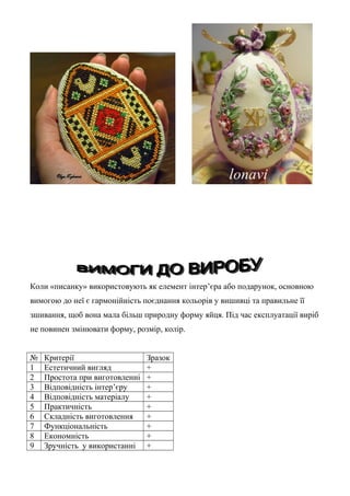 Коли «писанку» використовують як елемент інтер’єра або подарунок, основною
вимогою до неї є гармонійність поєднання кольорів у вишивці та правильне її
зшивання, щоб вона мала більш природну форму яйця. Під час експлуатації виріб
не повинен змінювати форму, розмір, колір.
№ Критерії Зразок
1 Естетичний вигляд +
2 Простота при виготовленні +
3 Відповідність інтер’єру +
4 Відповідність матеріалу +
5 Практичність +
6 Складність виготовлення +
7 Функціональність +
8 Економність +
9 Зручність у використанні +
 