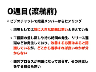 0週目(渡航前)
ビデオチャットで推進メンバーからヒアリング
現場としては特に大きな問題は無いと考えている
工程間の差し戻しや待ち時間の発生、リリース遅
延などは発生しており、改善する必要はあると認
識しているが、どこから着手すれば良いのかが分
からない
開発プロセスが明確になっておらず、その見直し
をする機会も無い
 