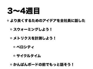 3∼4週目
より良くするためのアイデアを全社員に話した
スウォーミングしよう！
メトリクスを計測しよう！
ベロシティ
サイクルタイム
かんばんボードの前でもっと話そう！
 