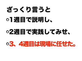 ざっくり言うと
1週目で説明し、
2週目で実践してみせ、
3、4週目は現場に任せた。
 