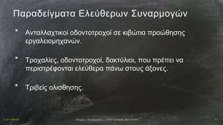 1 / 1 9 / 2 0 1 6 1 8Αν οχ έ ς – Σ υ ν α ρ μ ο γ έ ς | Ε ΥΑ Γ Γ Ε Λ Ι Δ Η Σ Β Α Γ Γ Ε Λ Η Σ
Παραδείγματα Ελεύθερων Συναρμογών
* Ανταλλαχτικοί οδοντοτροχοί σε κιβώτια προώθησης
εργαλειομηχανών.
* Τροχαλίες, οδοντοτροχοί, δακτύλιοι, που πρέπει να
περιστρέφονται ελεύθερα πάνω στους άξονες.
* Τριβείς ολισθησης.
 