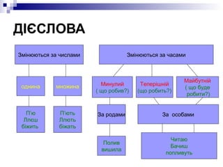 ДІЄСЛОВА
Змінюються за числами Змінюються за часами
множинаоднина
П’ю
Ллєш
біжить
П’ють
Ллють
біжать
Минулий
( що робив?)
Теперішній
(що робить?)
Майбутній
( що буде
робити?)
За родами За особами
Полив
вишила
Читаю
Бачиш
попливуть
 