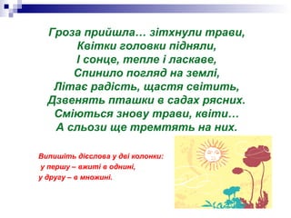 Гроза прийшла… зітхнули трави,
Квітки головки підняли,
І сонце, тепле і ласкаве,
Спинило погляд на землі,
Літає радість, щастя світить,
Дзвенять пташки в садах рясних.
Сміються знову трави, квіти…
А сльози ще тремтять на них.
Випишіть дієслова у дві колонки:
у першу – вжиті в однині,
у другу – в множині.
 