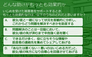 18
いじめを受けた被害者をサポートするとき、
もっとも効果的なのは、以下のうちのどれだと思いますか？
 