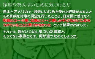 日本とアメリカで、過去にいじめを受けた経験がある人と
その家族を対象に調査を行ったところ、日米間に差はなく、
、という結果が出ました。
それでは、親がいじめに気づいた家族と、
そうでない家族とでは、何が違ったのでしょうか。
27
 