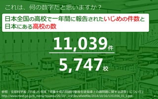 4
参照：文部科学省『平成 25 年度「児童生徒の問題行動等生徒指導上の諸問題に関する調査」について』
http://www.mext.go.jp/b_menu/houdou/26/10/__icsFiles/afieldfile/2014/10/16/1351936_01_1.pdf
 