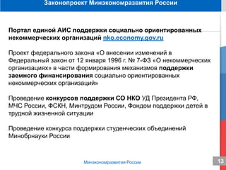 13
ЦИСС предоставляют следующие обязательные услуги и консультации
13Минэкономразвития России
Законопроект Минэкономразвития России
Портал единой АИС поддержки социально ориентированных
некоммерческих организаций nko.economy.gov.ru
Проект федерального закона «О внесении изменений в
Федеральный закон от 12 января 1996 г. № 7-ФЗ «О некоммерческих
организациях» в части формирования механизмов поддержки
заемного финансирования социально ориентированных
некоммерческих организаций»
Проведение конкурсов поддержки СО НКО УД Президента РФ,
МЧС России, ФСКН, Минтрудом России, Фондом поддержки детей в
трудной жизненной ситуации
Проведение конкурса поддержки студенческих объединений
Минобрнауки России
 